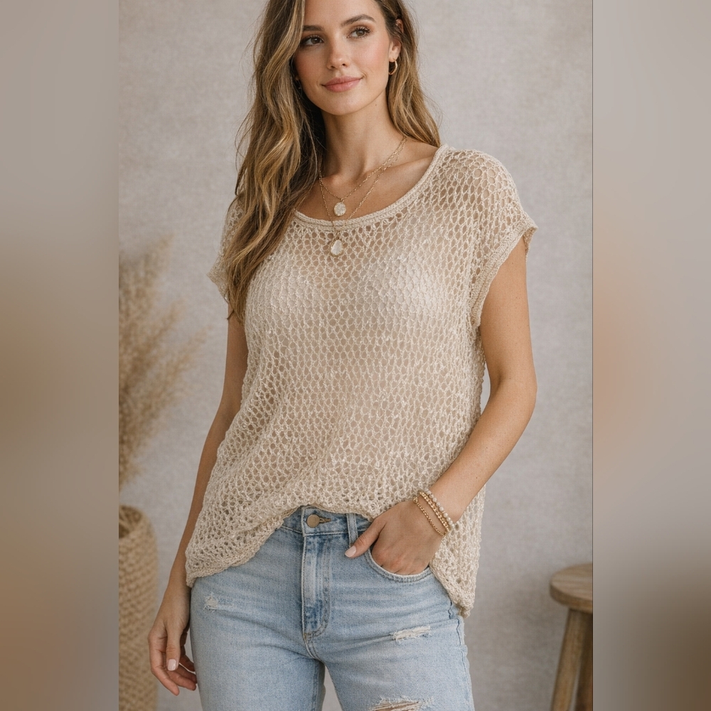 POL Cap Sleeve Open Crochet Sweater Top | Size Small | Natural/Cream
